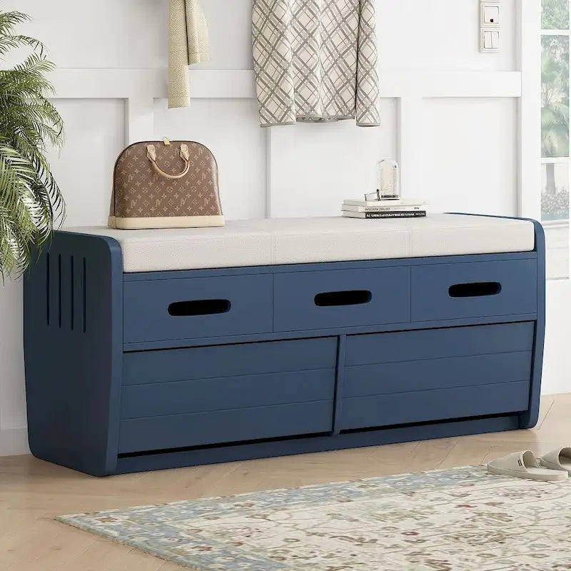 43-Inch Farmhouse Acacia Wood Upholstered Storage Bench with 5 Drawers