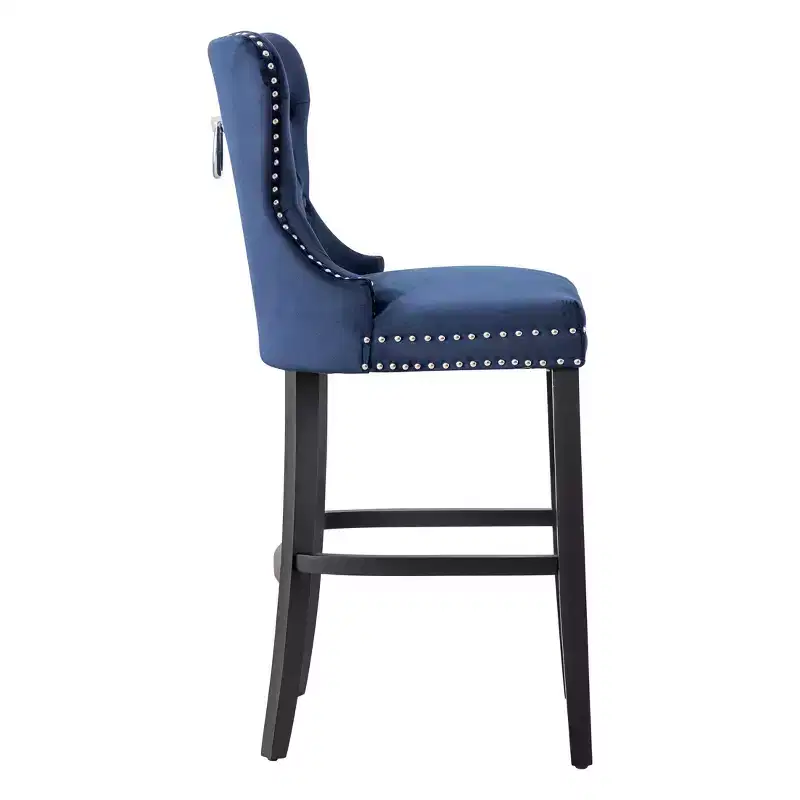 29 Tufted Upholstered Velvet Bar Stool with Metal Footrest, Velvet Navy Blue
