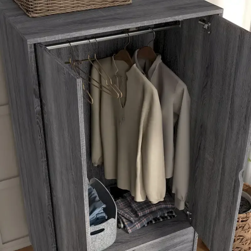 DH BASIC Minimalist Mid-Century Modern Distressed Grey 1-Drawer Wardrobe Armoire by Denhour