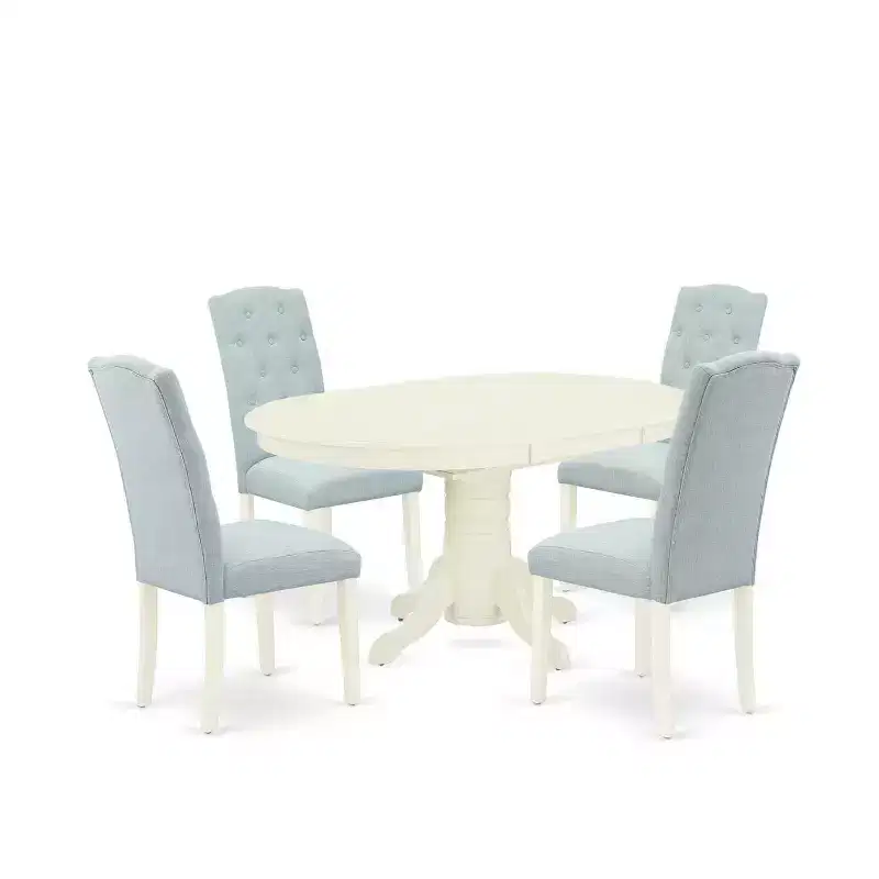 HomeStock Belmont 5 Piece Dining Table Set -Oval Dining Room Table , Butterfly Leaf , 4 Baby Blue Linen Fabric Parsons Chairs, 42x60 Inch, Linen White