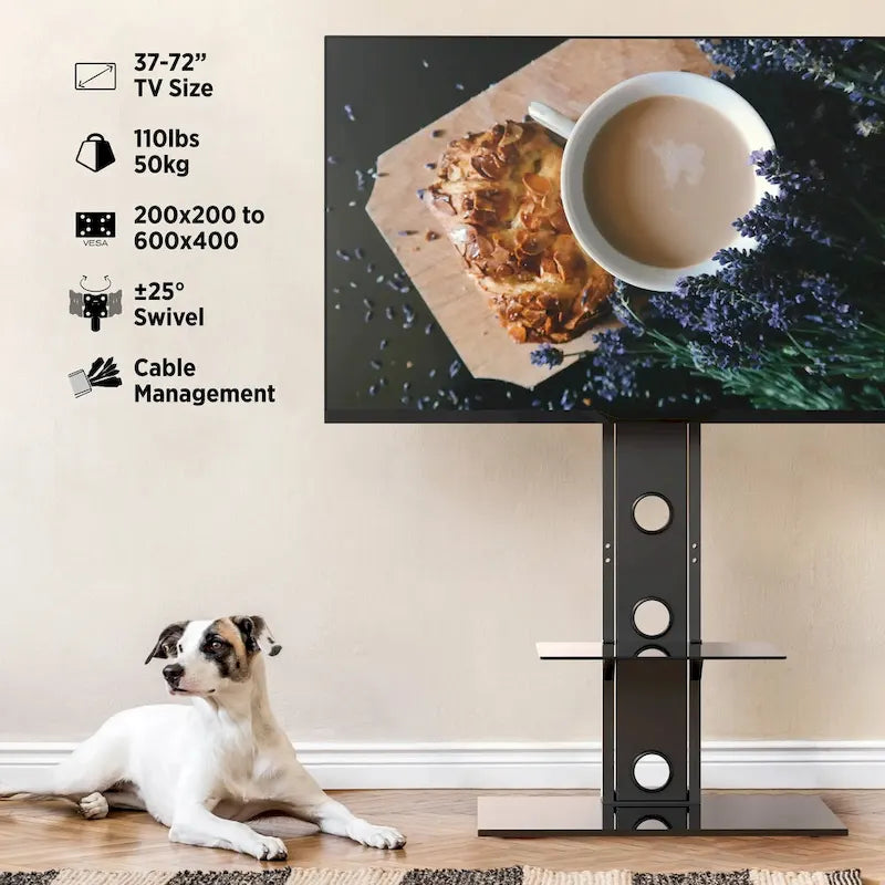 Premium rotating TV stand, suitable for 37-72 inch screens, with shelves, supports up to 110 lbs.