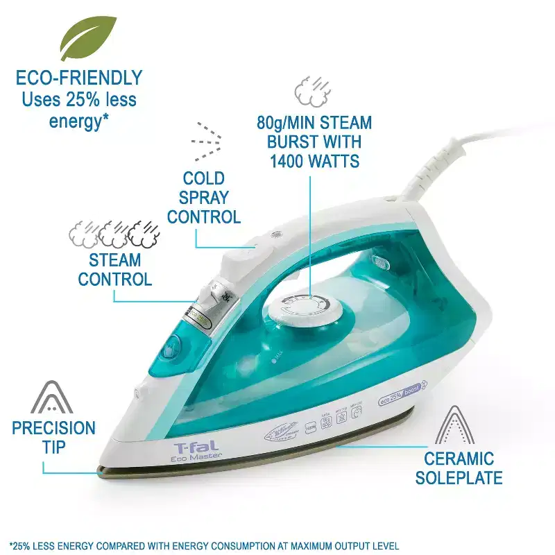 T-fal Ecomaster Steam Iron Eco-Friendly Blue: Ceramic Soleplate, Automatic Shut-Off, 1400W, Anti-Drip, Vertical Steam