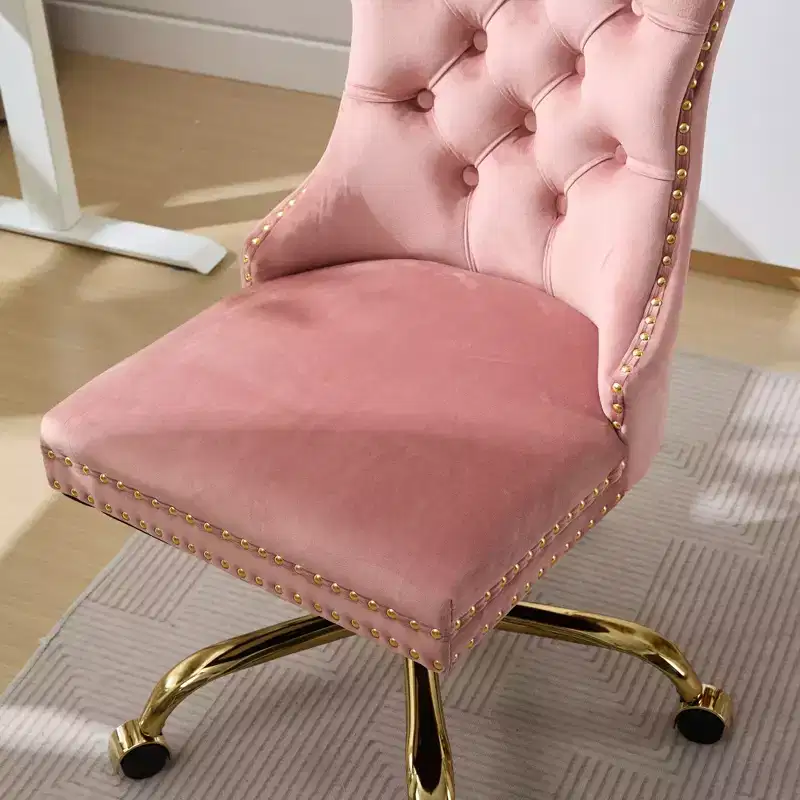 Adjustable Desk Chair Swivel Office Chair, Modern Velvet Upholstered Tufted Button Home Office Chair with Golden Metal Base, Pink