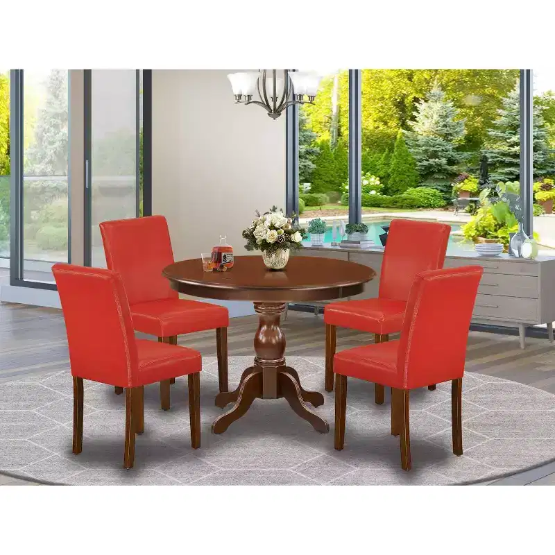 HomeStock 5-Pc Mahogany Finish Solid Wood Top Dining table with 4 Chairs