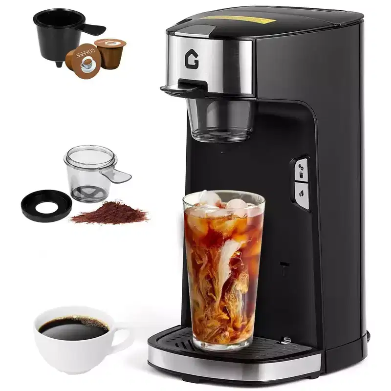 Single Serve Coffee Maker, Small K Pod Coffee Machine for Ground & Tea Bag,Hot&Iced Coffee Maker with 18.6 Oz Water Tank, Adjustable Drip Tray