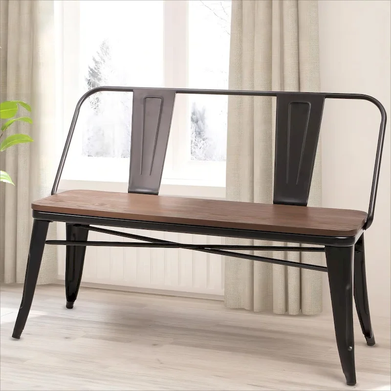 Dining Bench, Entryway Bench with Back, Farmhouse Metal Dining Bench, Industrial Mid-Century 3 Person Bench, Wood Seat