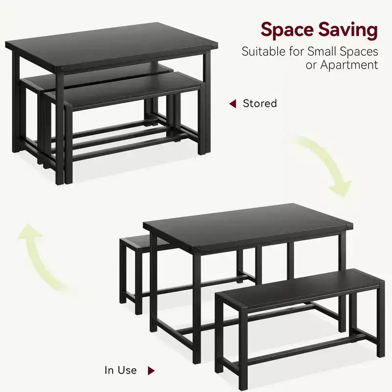 Dining Table Set for 4, Kitchen Table with Benches, Rectangular Dining Room Table Set with 2 Metal Wood Benches, for Small Space, Apartment, Studio