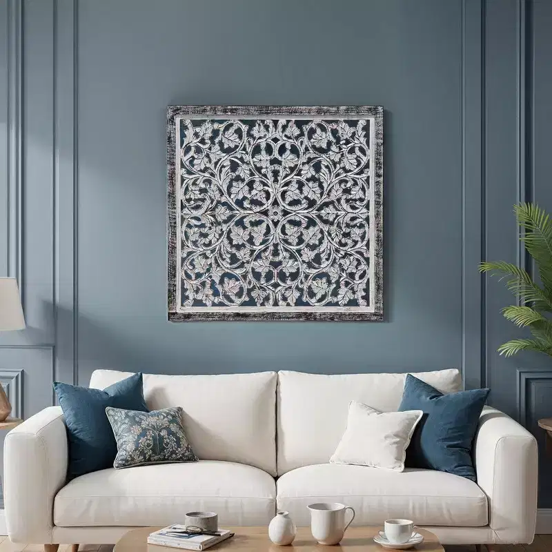 Royal Hampton Carved Mango Wood Wall Decor| 36 Inch Square Wall Panel I Handcrafted Distressed Black & White
