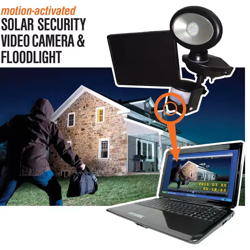 Maxsa Innovations Solar Powered Security Video Camera and Spotlight Black: Outdoor Motion Activated, Night Vision, 720p Resolution