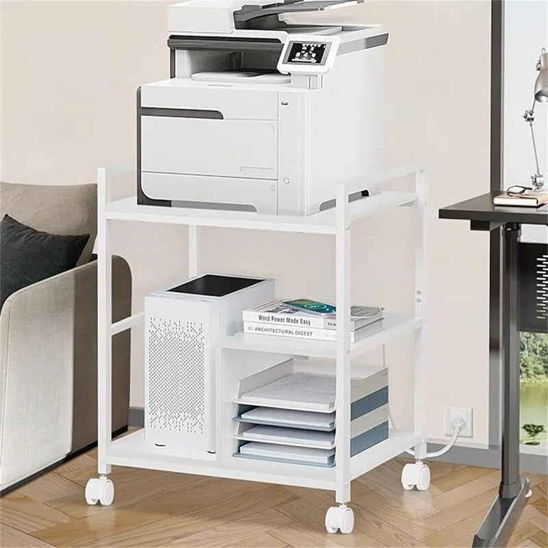 3-Tier Rolling Printer Stand with Charging Station USB Ports Wheels White