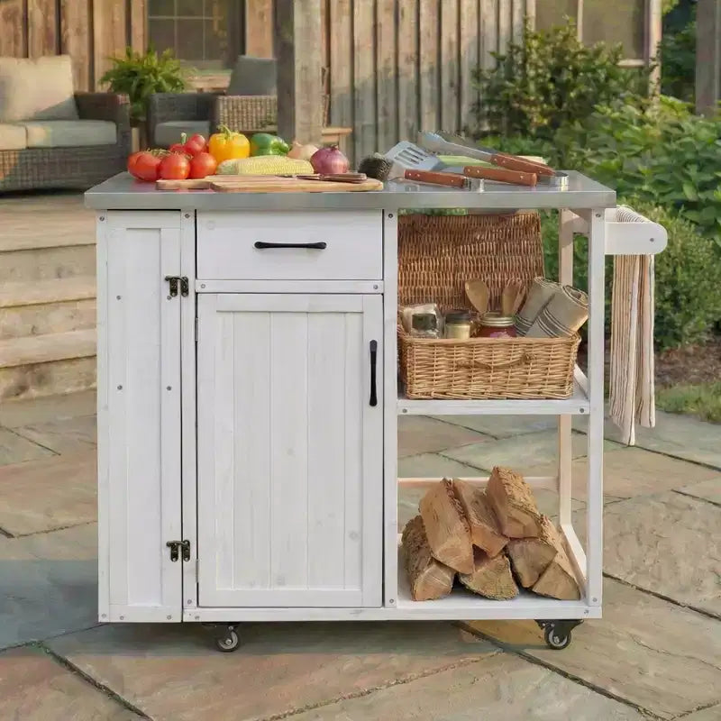 sumyeg Outdoor Kitchen Island Cart with Stainless Steel Top, Fir Wood Prep Station with Storage Cabinet, Drawer, Shelves and Lockable Wheels, White