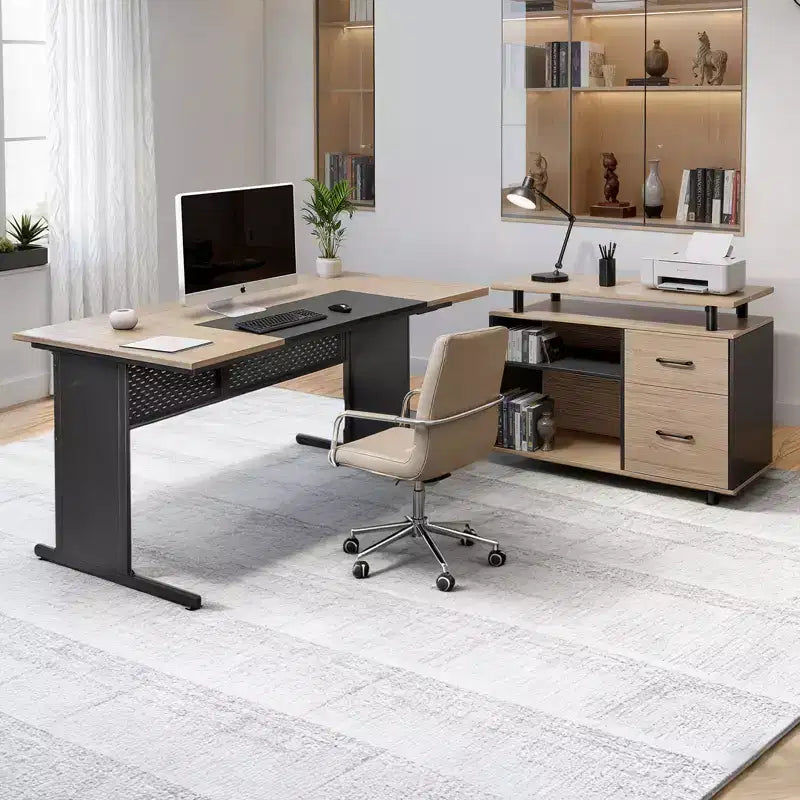 VEVOR L-Shaped Executive Desk, Modern Reversible Office Table with Drawers & Storage Cabinet, 350 LBS Load Capacity, Black&Brown