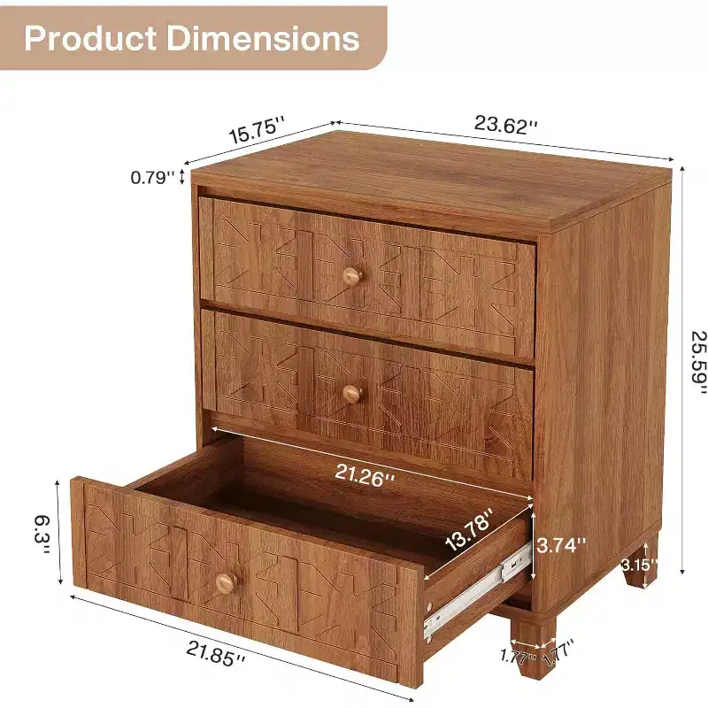 Nightstand with 3 Drawers, Farmhouse Bedside Table with Elegant Patterns, Industrial Night Stand End Table for Bedroom, Brown