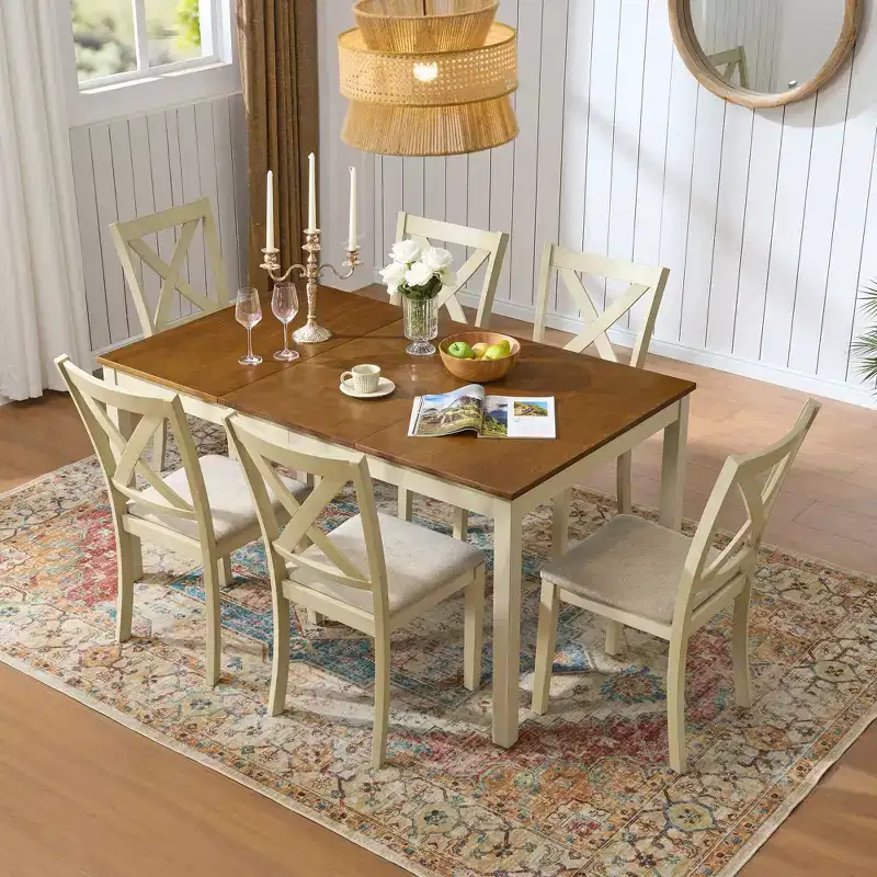 AMERLIFE 7-Piece Farmhouse Dining Table Set, 60 Space-Saving Table with 6 Chairs for Dining Room, Kitchen