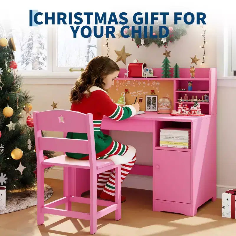 Kids Study Desk and Chair Set, with Hutch and Tiltable Desktop, Children Study Table, Student Writing Desk, for Bedroom, Home