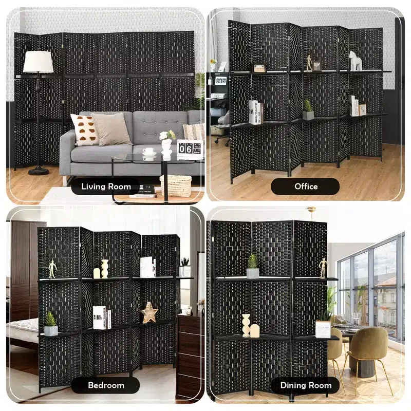 6 Panel Folding Room Divider 6Ft Weave Fiber Screen with 2 Display Shelves
