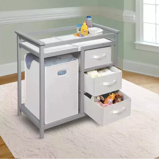 Modern Nursery Changing Table with Three Storage Baskets & Large Hamper, Durable Wood Frame