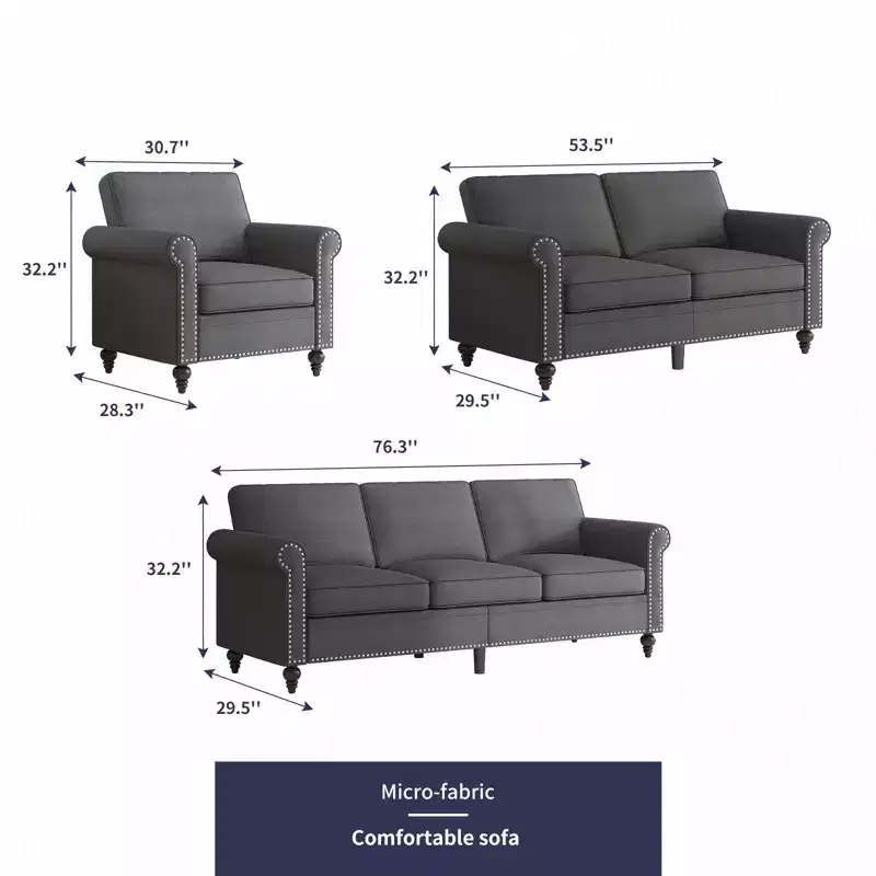 Mjkone 3 Piece Linen Living Room Sofa Set,Modern 3-Seater Sofa Couch&Loveseat Sofa&Single Sofa Armchair Set
