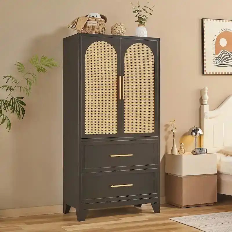 Rattan Armoire Wardrobe Closet Cabinet with Drawer & Hanging Rod - 65H x 31.5W x 17.7D