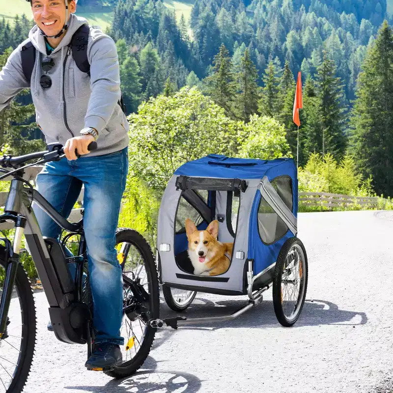 Dog Bike Trailer, Pet Wagon Bicycle Trailer with Easy Folding Cart Frame, 20 Large Rubber Wheels, 3 Entrances, Mesh Screen, Pet Bike Trailer