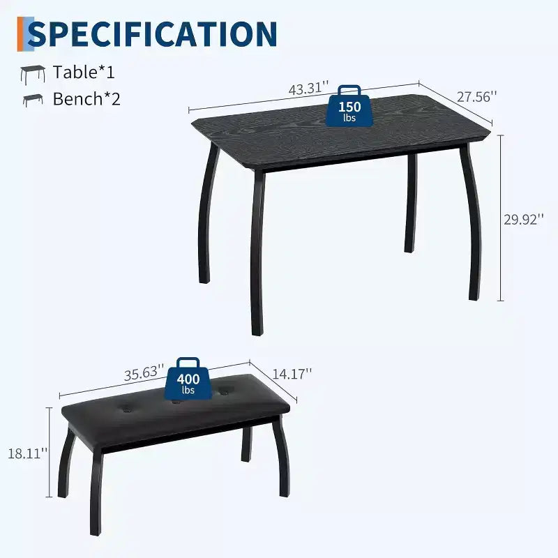 43.3 Dining Table Set for 4 with 2 Upholstered Benches, Space-Saving Kitchen Table, Modern Metal Frame Dinette for Home, Apartment, Breakfast Nook