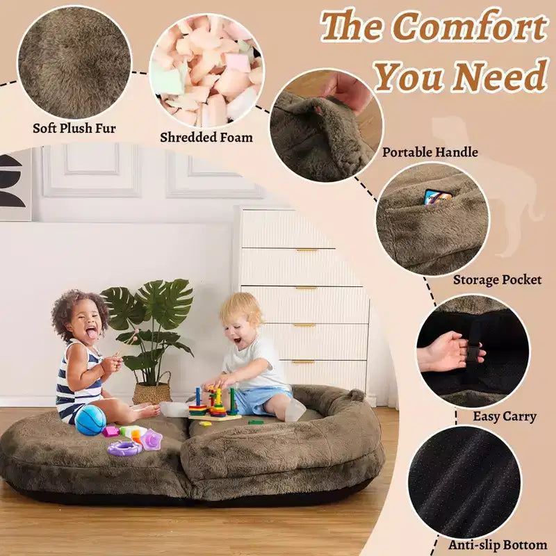 Foldable Bed for Humans, 71x43x10 Giant Bed for People and Pets, Washable & Removable Faux Fur Cover