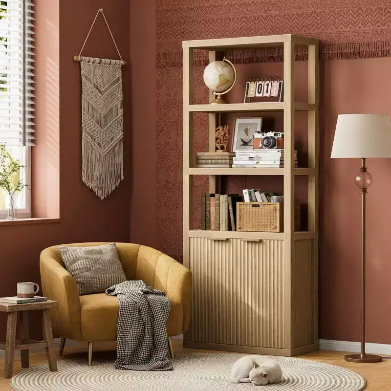 5 Tier Bookcase with Doors Tall Storage Shelf Wood Display Cabinet Standing Bookshelf for Living Room Home Office Organizer
