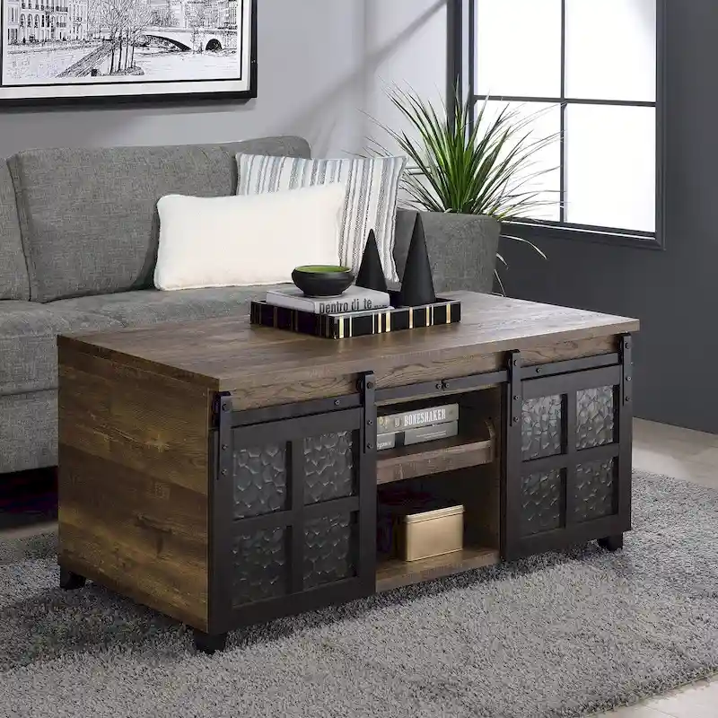 Coffee Table with Sliding Glass Barn Doors and Storage