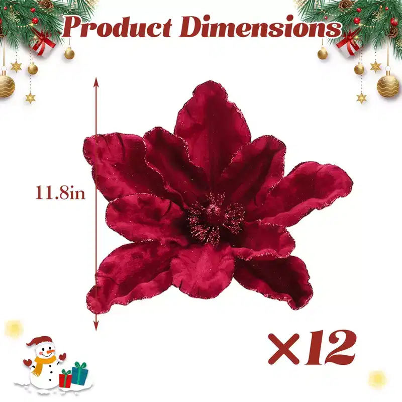12 Pcs Artificial Christmas Flowers Poinsettias, Glitter Fake Xmas Holiday Magnolia Flowers with Stems, Large Floral Picks for Christmas Tree Wreath