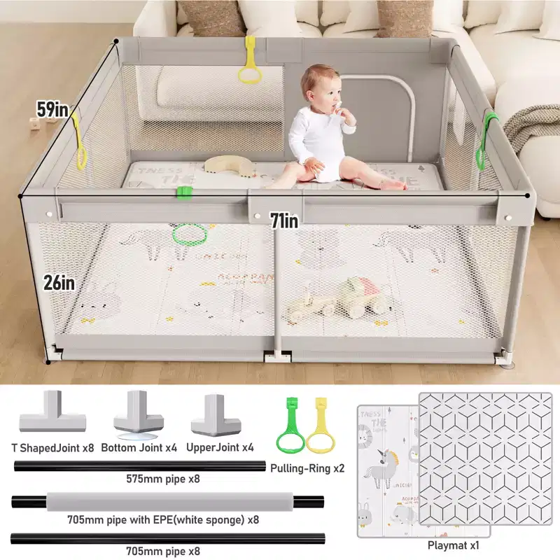 Fodoss Baby Playpen with Mat 59 x59 In Playpen for Babies and Toddlers, Indoor & Outdoor Activity Center, Safety Baby Fence