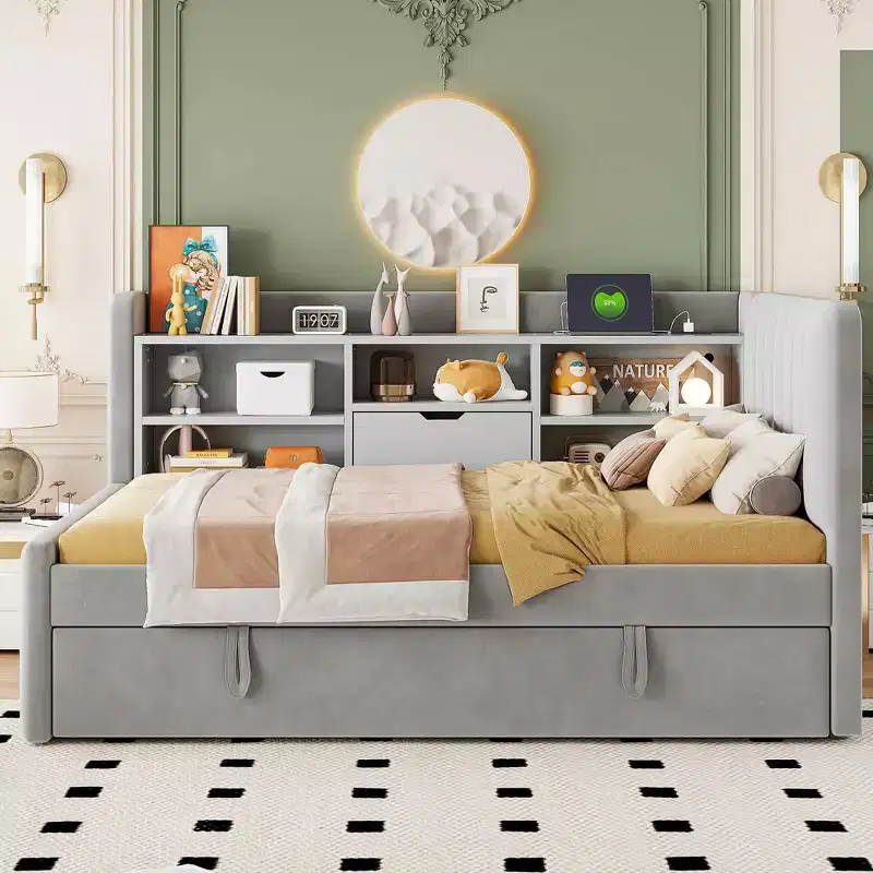 Twin Size Upholstered Daybed, Trundle Storage Shelves USB Outlet, Bedroom, Beige