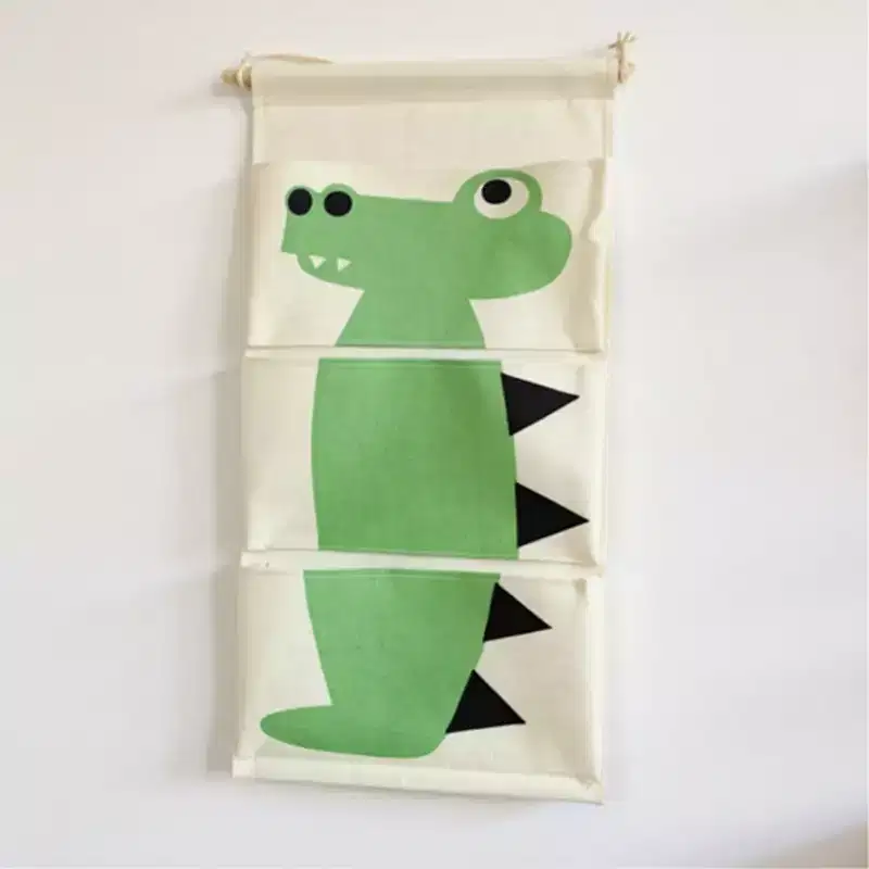 Alilang Hanging Canvas Storage Organizer with Cartoon Crocodile Design and Three Pockets 25.5x11.8 in