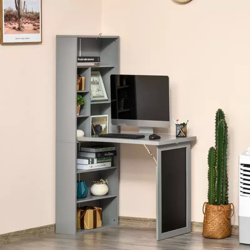 Foldable Wall-Mounted Home Office Desk with Blackboard & Storage Shelves