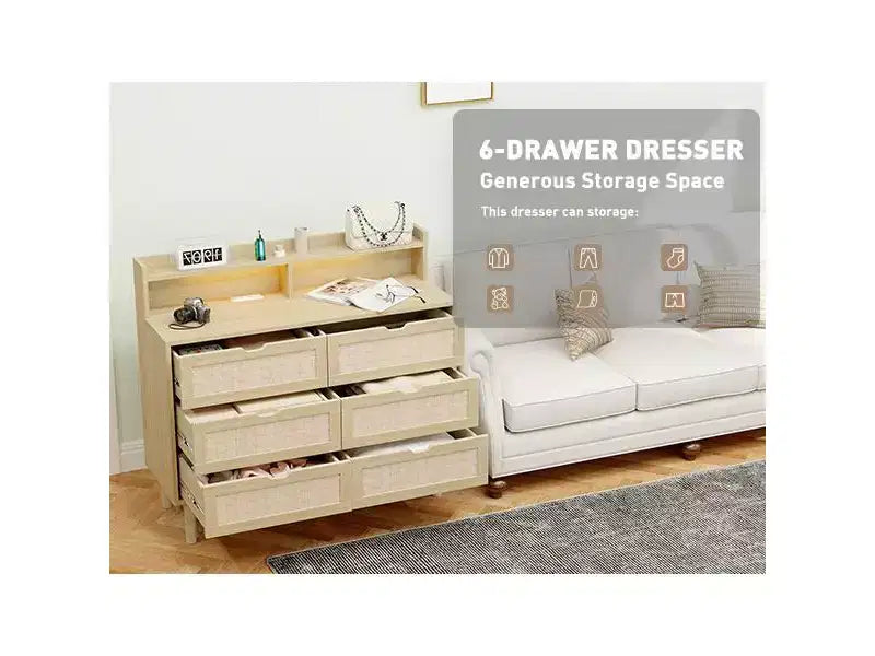 Bestier 6-Drawer Dresser with LED Lights, Built-In AC Outlets & USB Ports, Concealed Handles and Smooth Slides