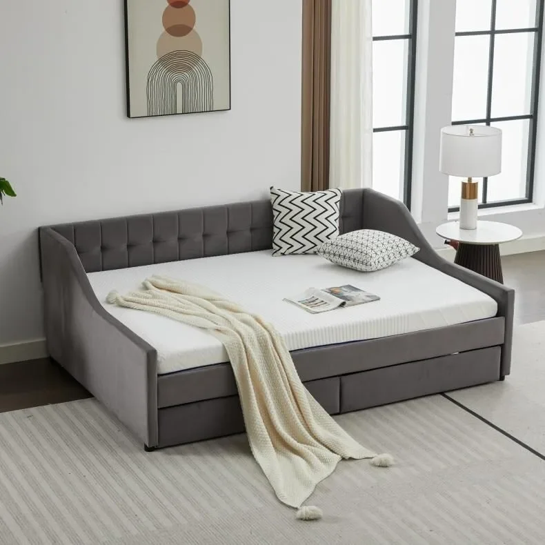Gray / Beige Striped Cotton Twin Daybed with Storage Drawers, Seats & Sleeps 1