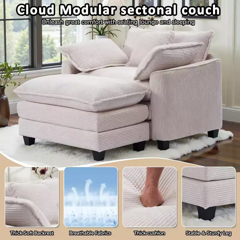 EHMKNP 40''W Comfy Cloud Sofa Armchair - Corduroy Oversized Chair & Ottoman Set, Plush Upholstery & Extra Deep Seat for Small Apartment Living Rooms