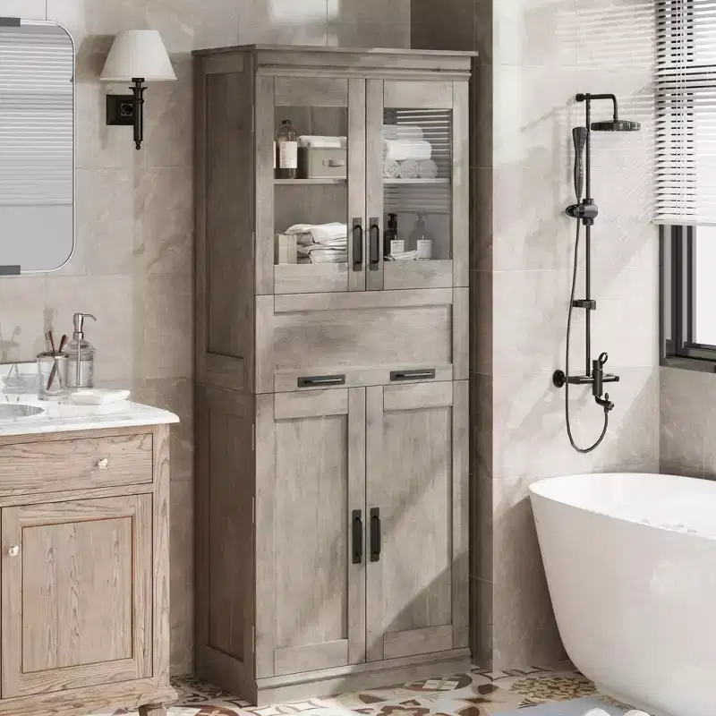 67 Inch Tall Bathroom Storage Cabinet, Freestanding Organizer with 4 Doors and Flip-Up Glass Drawer, Adjustable Shelves for Kitchen Pantry