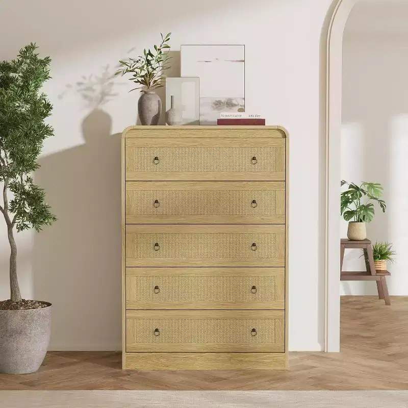 31''Tall Rattan Dresser, 5 Drawer Dresser for Bedroom, Dressers & Chests of Drawers, Modern Chest of Drawers for Bedroom, Living Room, Hallway
