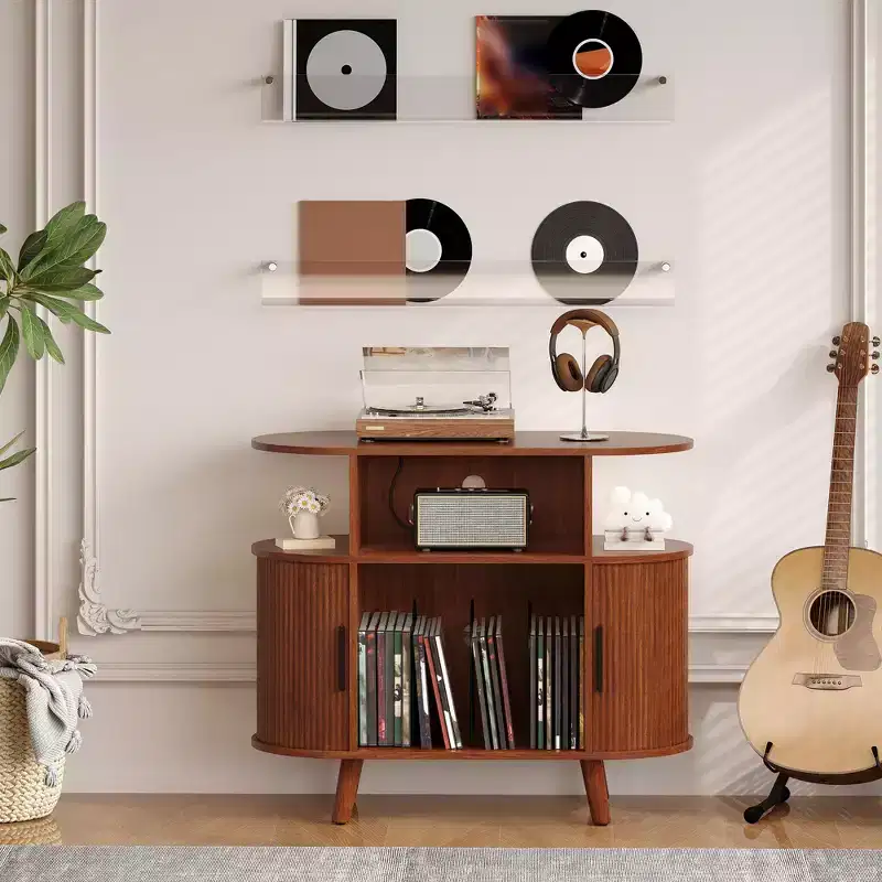 35 Large Record Player Stand, Rustic Vinyl Record Record Storage Cabinet, Player Turntable Stand with Open Shelves, Record Player Table