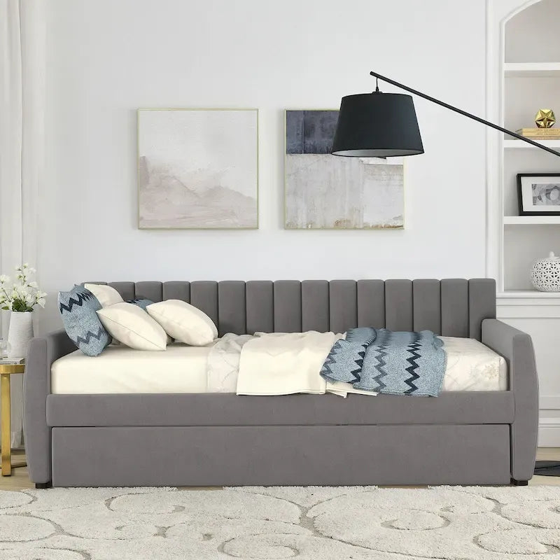 Velvet Upholstered Full Size Daybed with Pull-Out Trundle