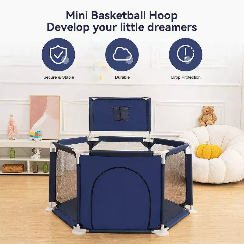 6-Panel Baby Playpen �C 50x50, Portable Playard with Basketball Hoop & Mesh Design
