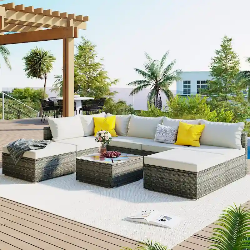 Beige Stylish 8-Piece Outdoor Patio Furniture Set with Tempered Glass Table