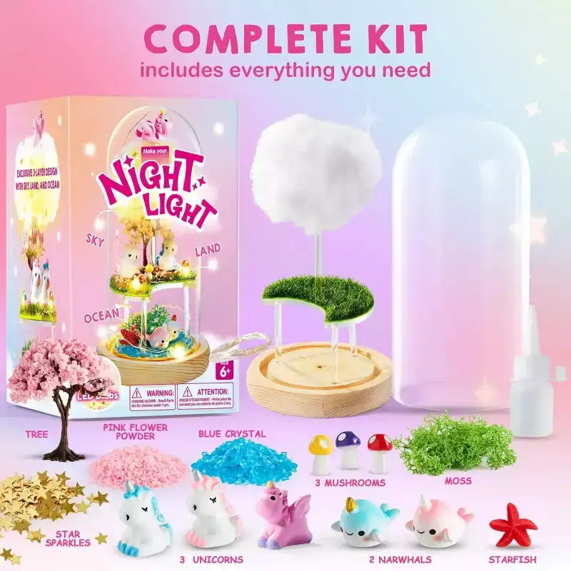 Joyfy Night Light DIY Kit, 3-in-1 Unicorn Terrarium Kit, Arts and Crafts for Girls Ages 6-12, Ideal Birthday Holiday Gift for Kids