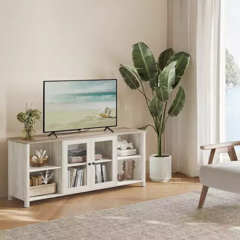 VASAGLE TV Stand for TVs up to 65 Inches, TV Cabinet with Open Shelves, Closed Cabinet, Glass Doors, Rustic White and Heather Greige