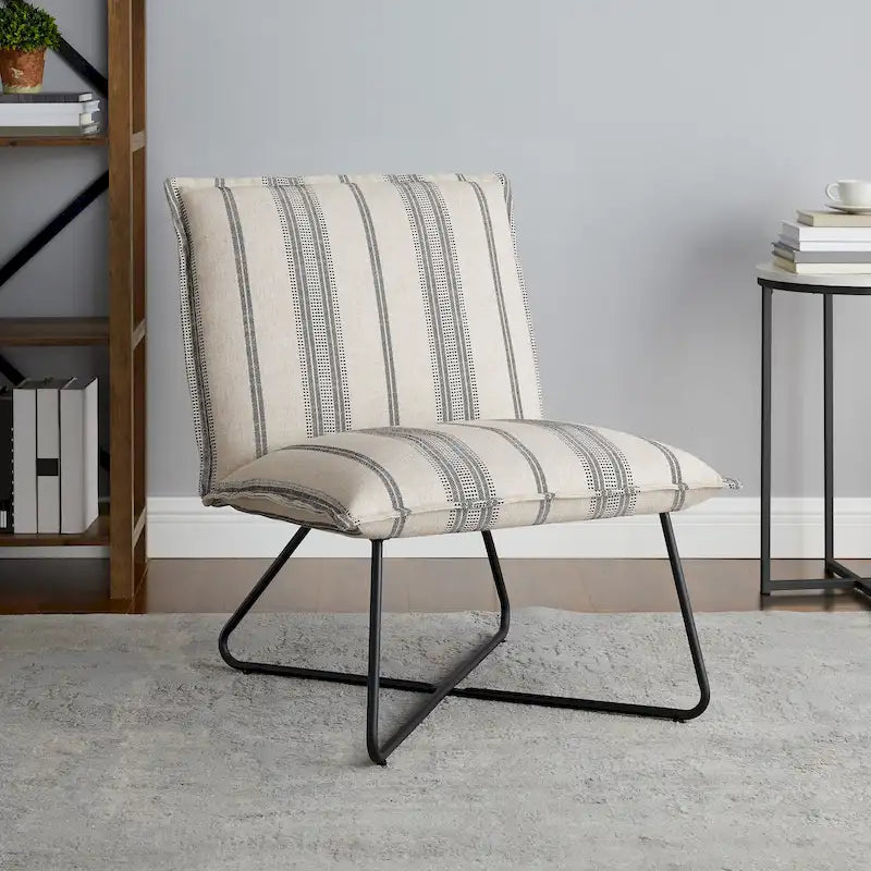 Pillow Accent Chair | Black Stripe Tan Fabric | Metal Wire Base | 26.5W Seat | Modern