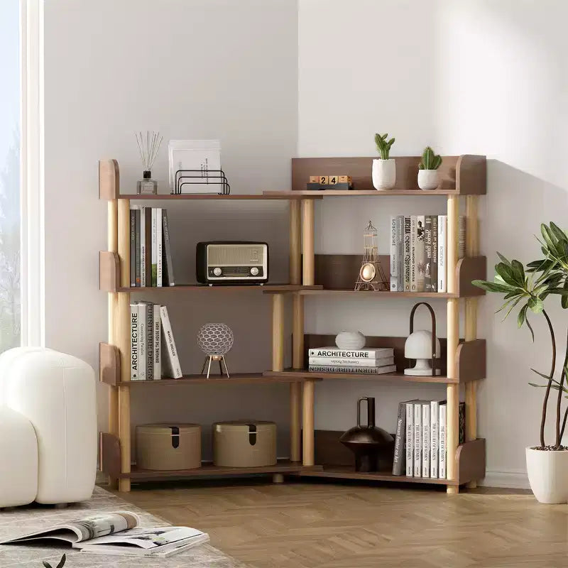 4 Tier Retractable Rotatable Bookcases, Wooden Corner Book Shelf, Storage Rack for Books, Utility Organizer Shelves for Living Room