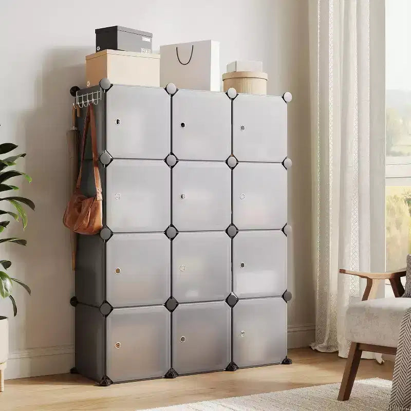 12 Cube Storage Organizer with Doors Modular Plastic Bookcase for Bedroom Living Room, Gray