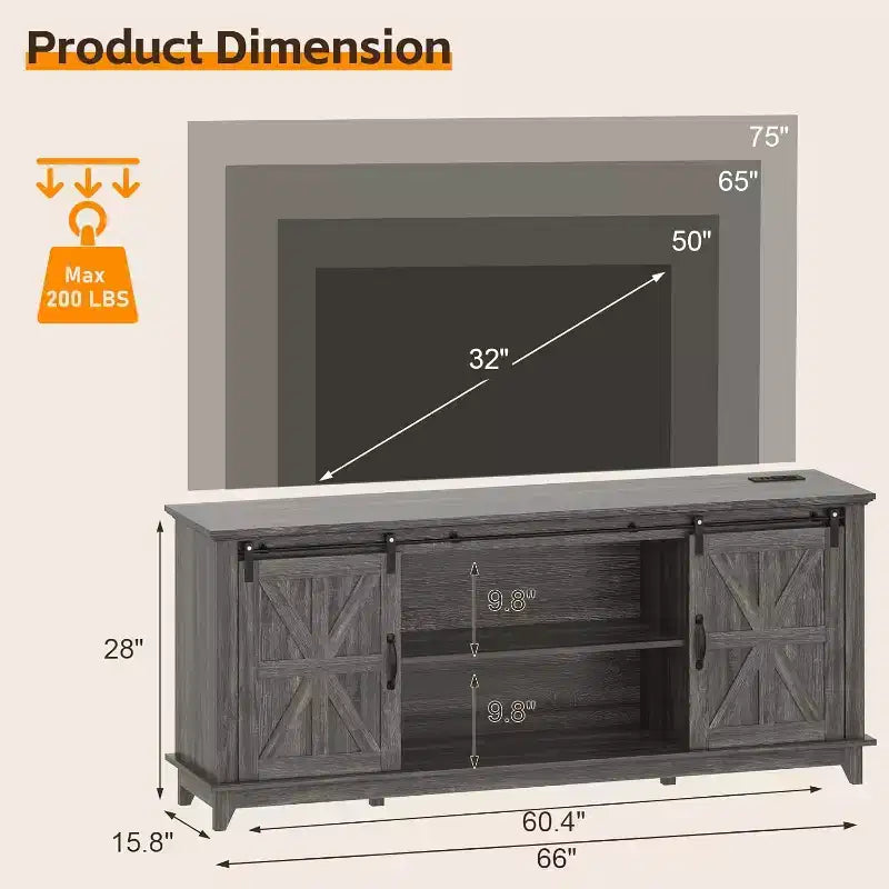 66 inch Farmhouse TV Stand for 75 Inch TVs, Media Console with Sliding Barn Door, Power Outlets & Adjustable Storage Cabinets