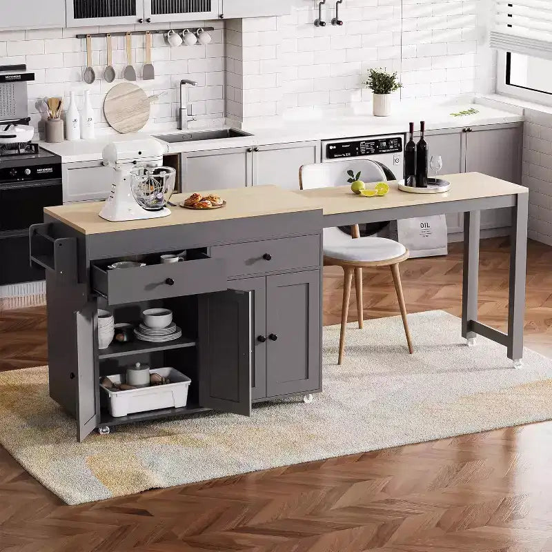 74.5 Rolling Kitchen Island Cart on WheelsExtendable Table, Spice Rack, 2 Drawers, 4 Doors; Grey Trolley for Home, Kitchen, or Garage