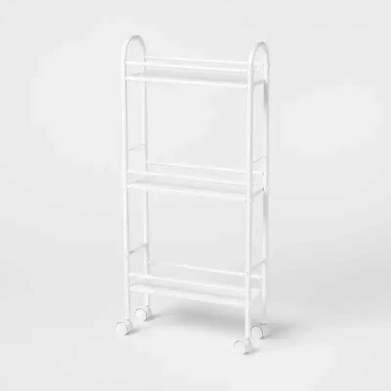 3-Shelf Narrow Metal Storage Cart, Rolling Wheels, Side Handles, White, 35.63